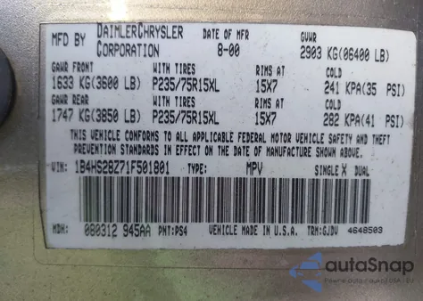 2001 Dodge Durango Slt z USA, uszkodzony, nr VIN 1B4HS28Z71F501801